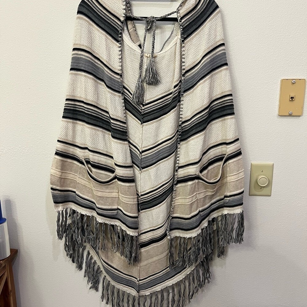 Moth Striped Fringe Cardigan - Black, Gray, Cream Boho Tassle Size Large